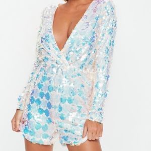 Missguided White Iridescent Sequin Wrap Romper